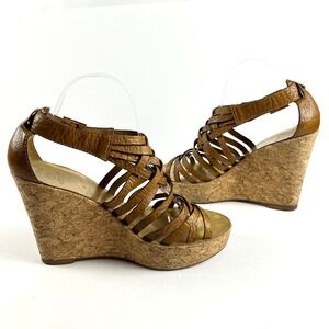 TORY BURCH Anamarte Brown Cork Wedge Platform Sandals Size 9.5‎ M Leather Buckle
